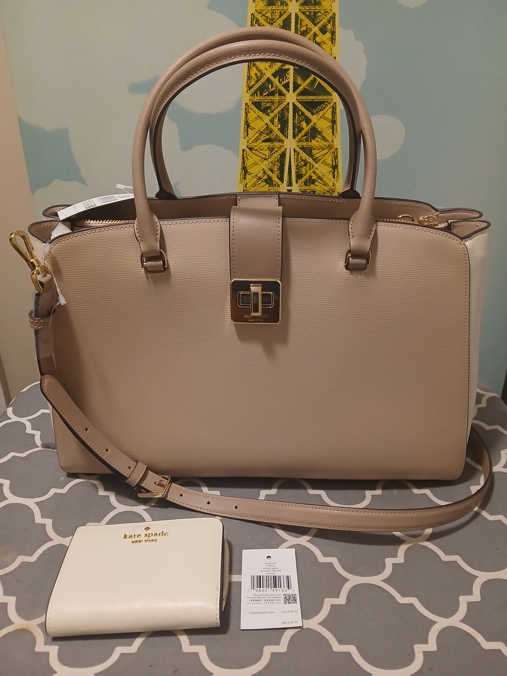 Kate Spade Phoebe Large Commuter Bag Satchel Colorblock beige w.matching Wallet